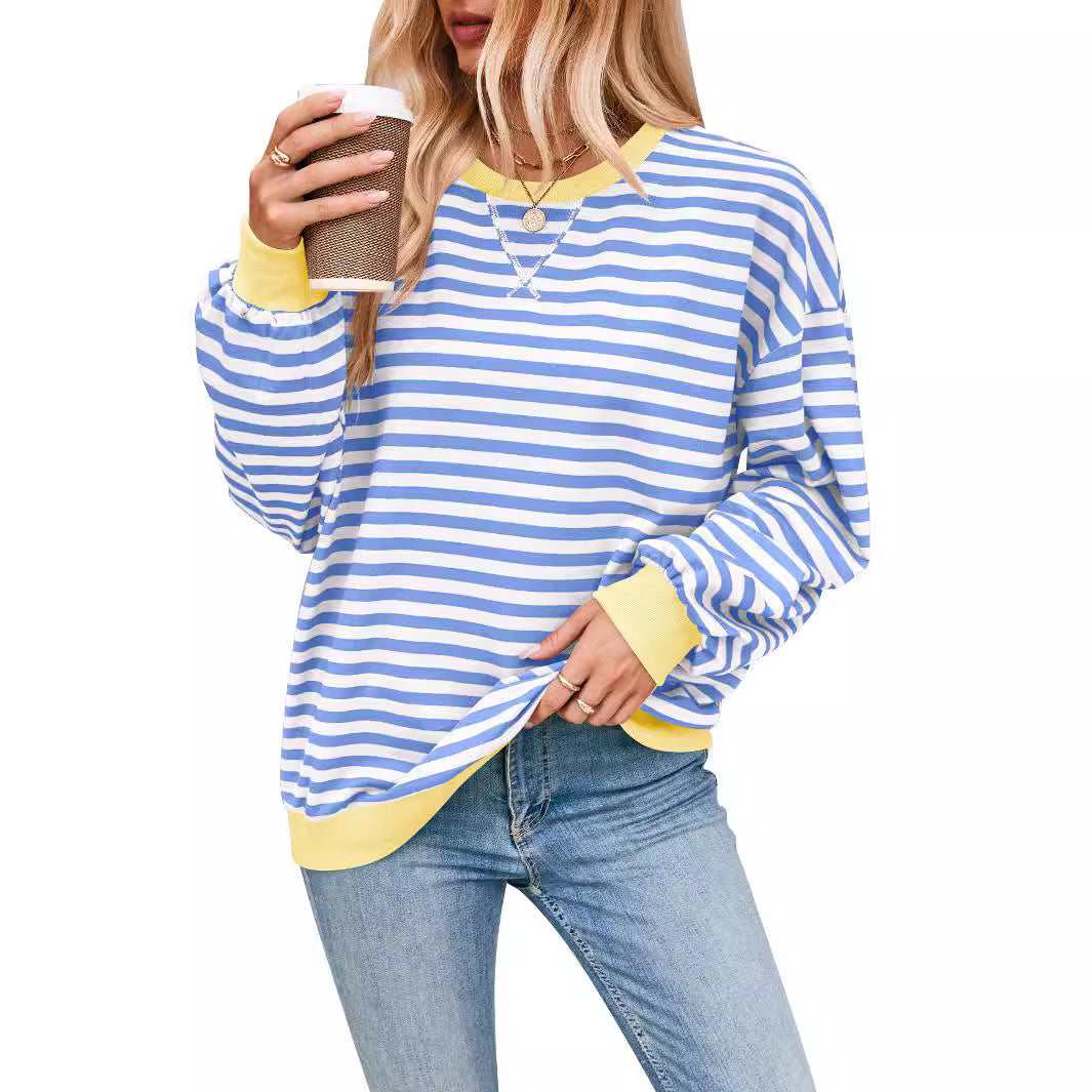 Løs stribet langærmet T-shirt afslappet pullover sweater til dametøj