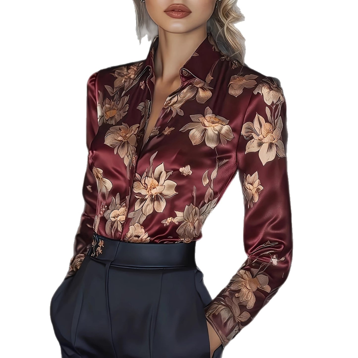 Womens Retro Printed Satin Long-Sleeve Shirt