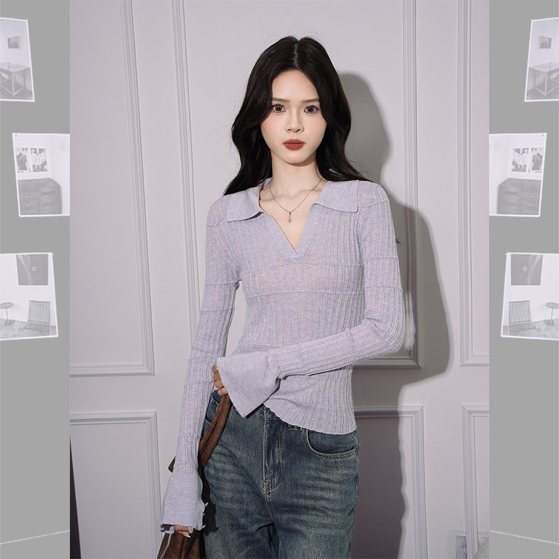 Women's Slim Fit Inner Wear Lapel Knitted T-shirt