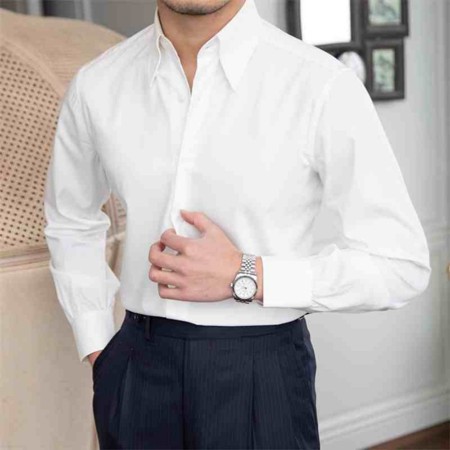 Big Pointed Collar Wrinkle Resistant Slim Fit Shirt For Trendy
