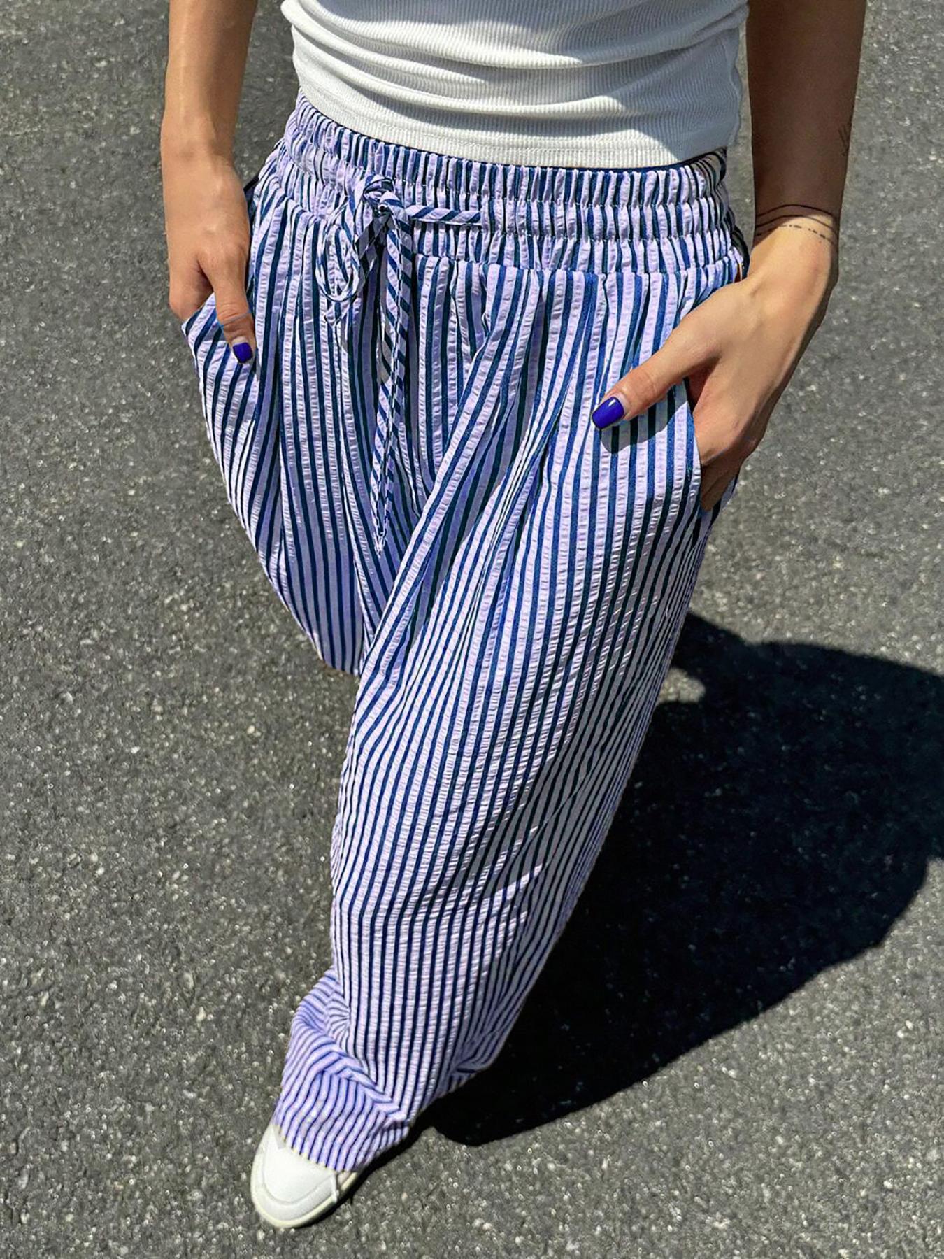 Women's High Waist Loose Casual Striped Straight-leg Pants