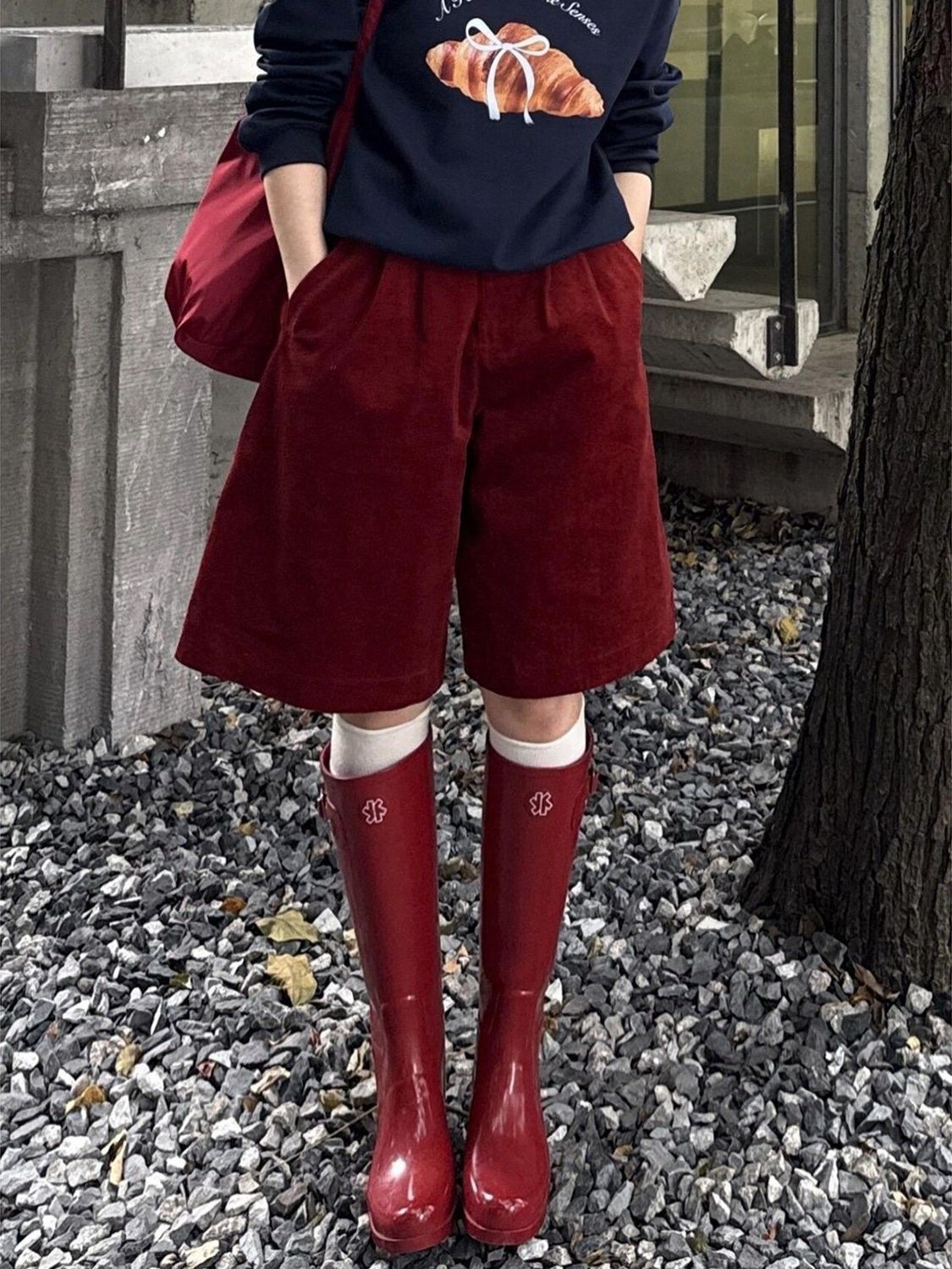 Stylish, High-end Red Corduroy Mid-length Pants