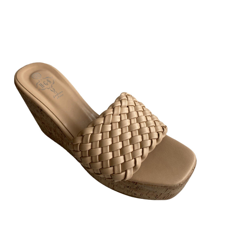 Women's Summer New Wood Grain One-word Drag Square Toe