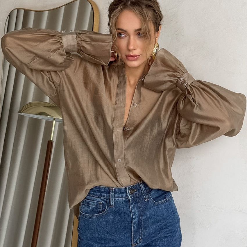 Sheer Long-sleeve Shirt Womens Fashion Elegant Casual