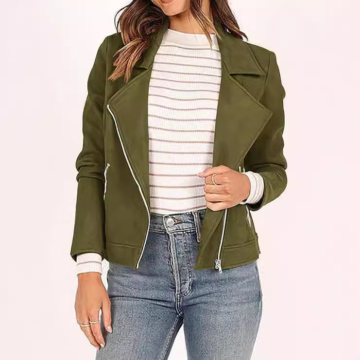 Fashion Deerskin Velvet Motorcycle Jacket Zipper Pocket Short Coat