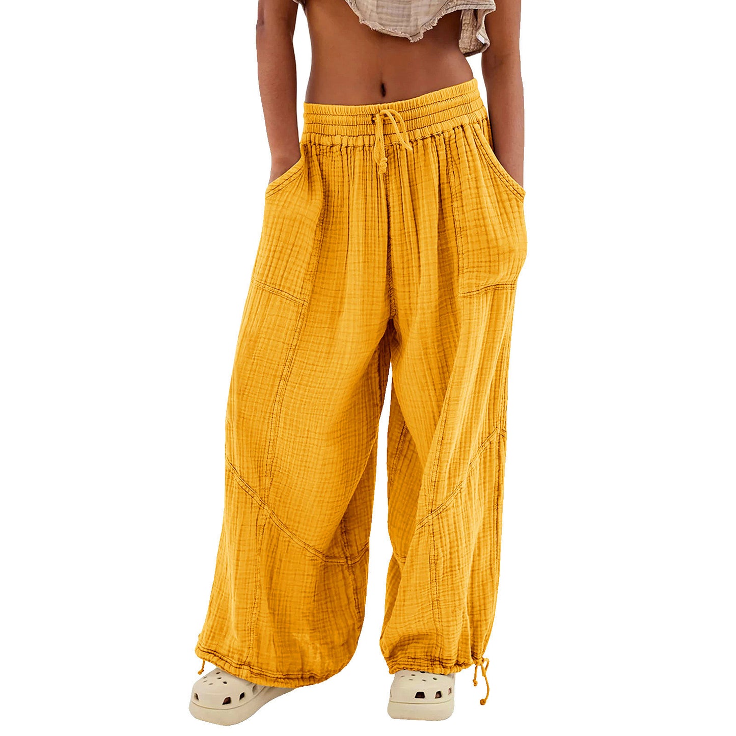 Women's Fashion Solid Color Lace-up Pocket Wide Leg Pants