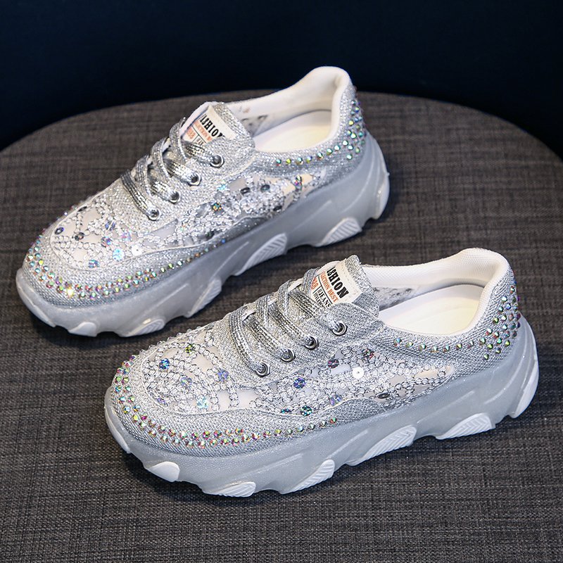 Womens Breathable Mesh Rhinestone Chunky-soled Trendy Dad Shoes
