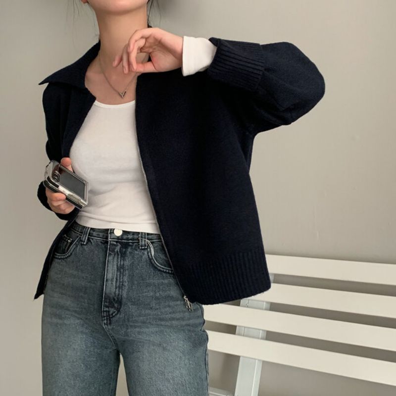 Polo Collar Double-headed Zipper Sweater Cardigan