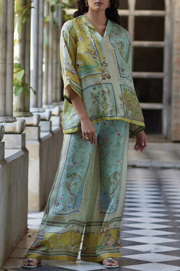 Printed Mid-sleeve Pants Straight Through Fashion Casual Two-piece Set