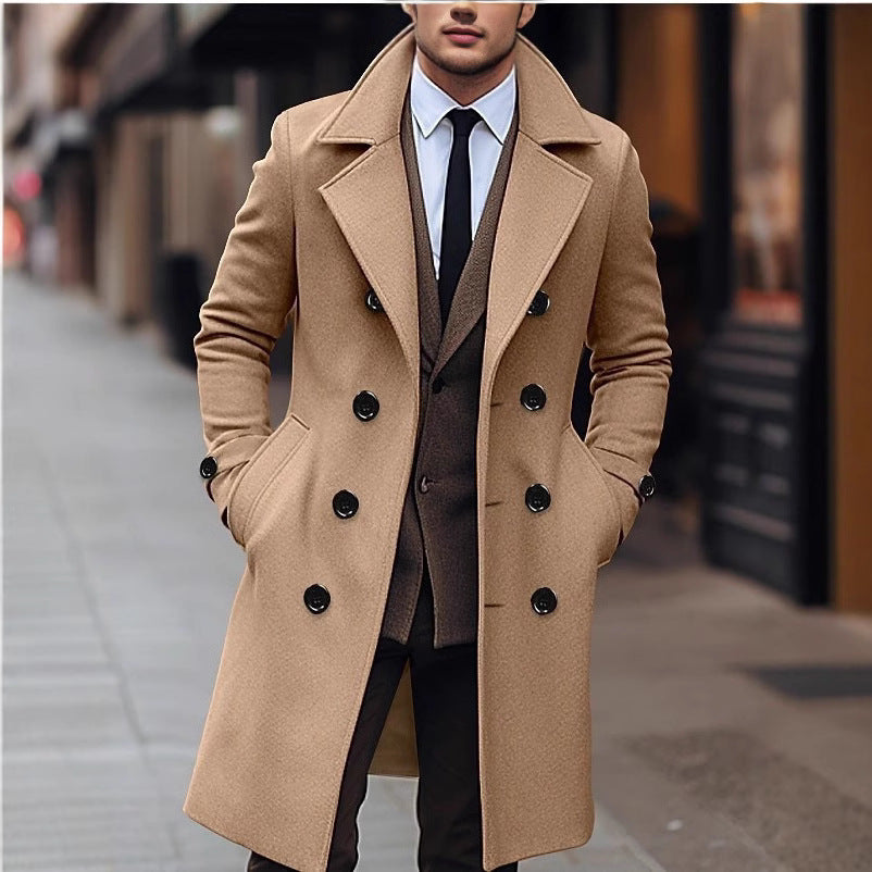 Men's Solid Color Mid-length Wool Coat Korean Style Double-breasted Jacket