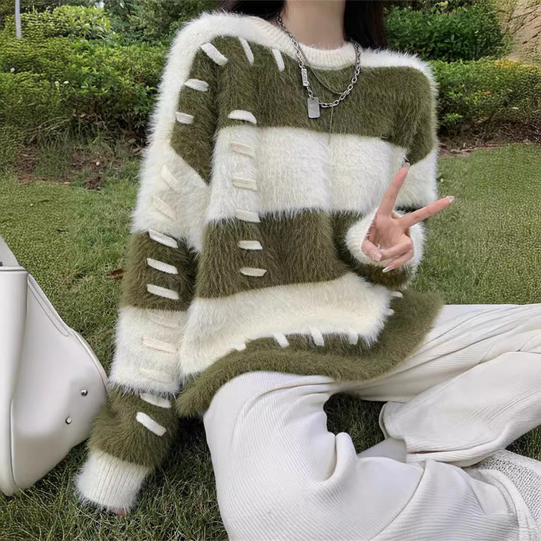 Women's Sweater Thick Gentle Loose Lazy Stripe Japanese Retro