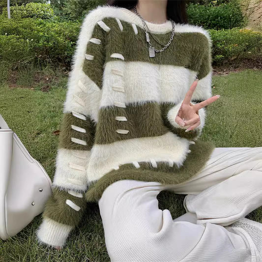 Women's Sweater Thick Gentle Loose Lazy Stripe Japanese Retro
