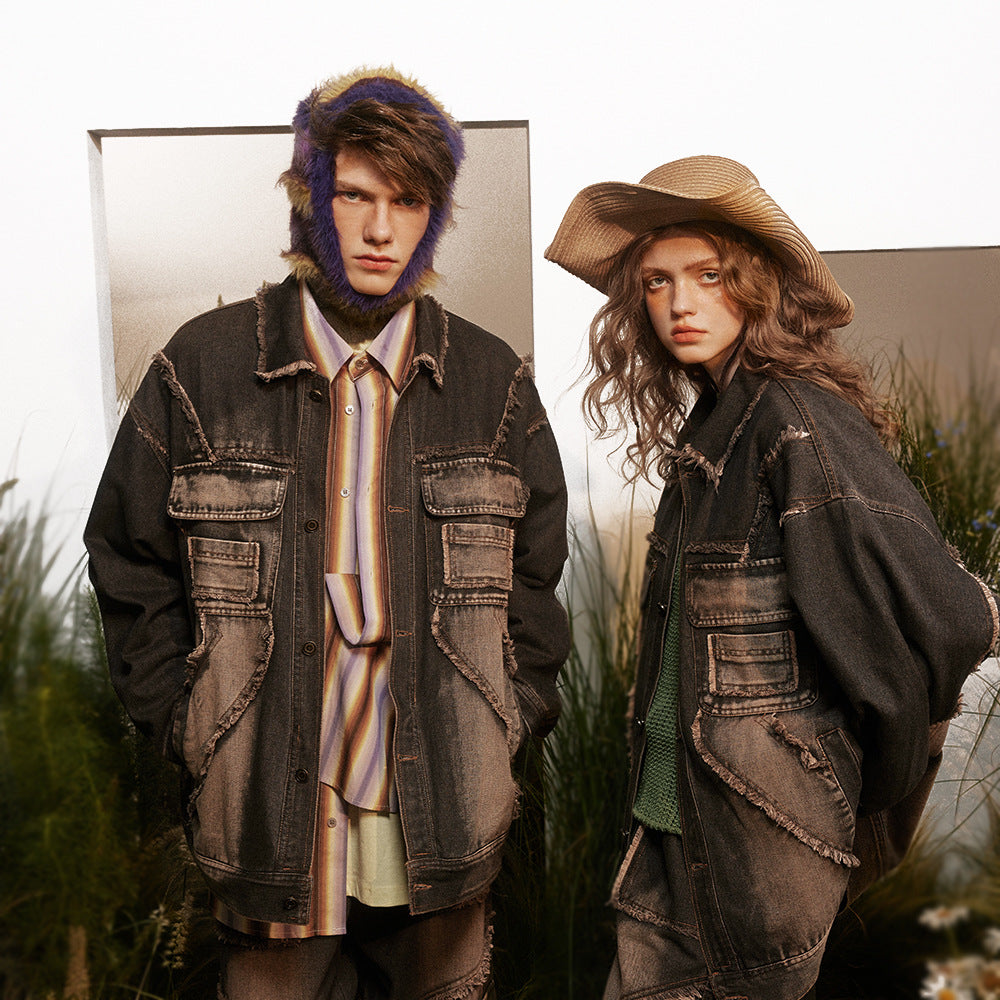 Punk Design Stitching Cat Raw-cut Edges Turn-down Collar Coat