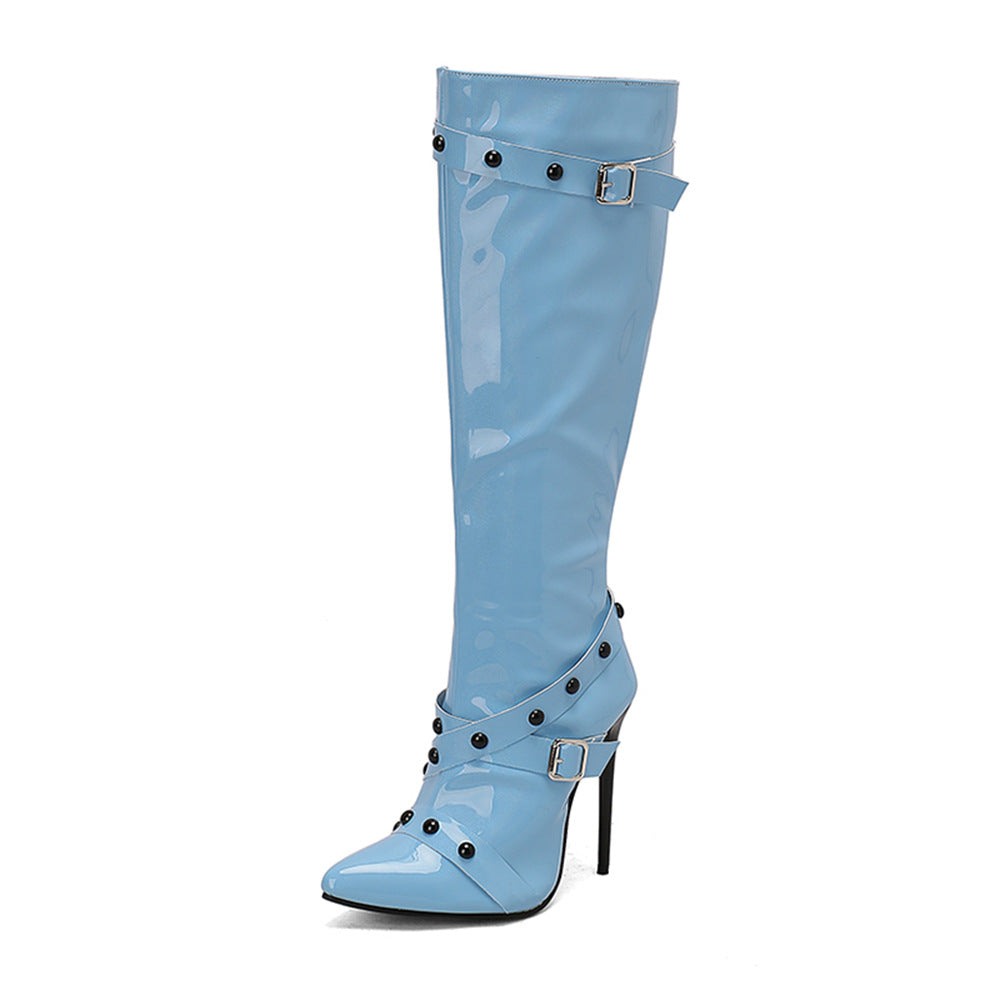 Womens Stiletto Heel Rivet Long Boots