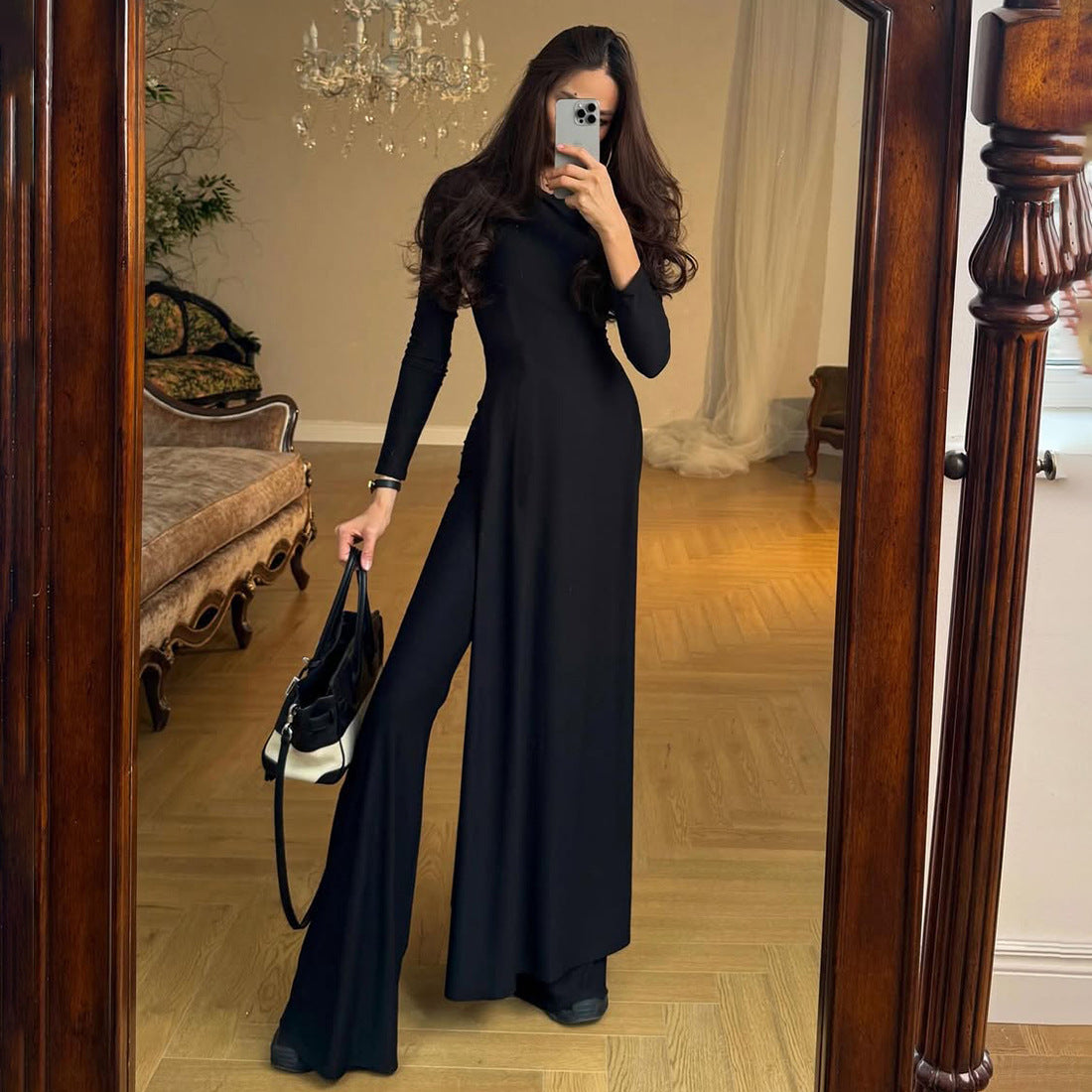 Stylish Solid-Color, Elegant Long-Sleeve Top And Flared Pants Set