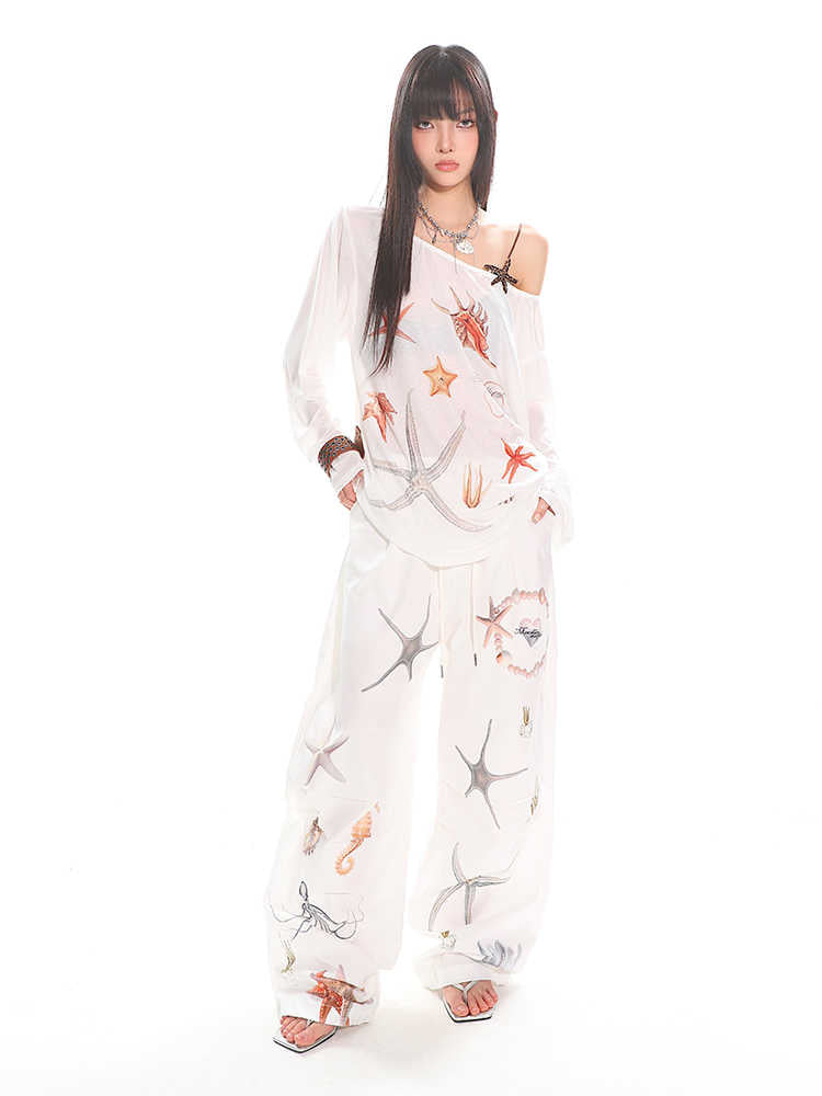 Diagonal Collar Long Sleeve T-shirt Printed See-through Loose Blouse