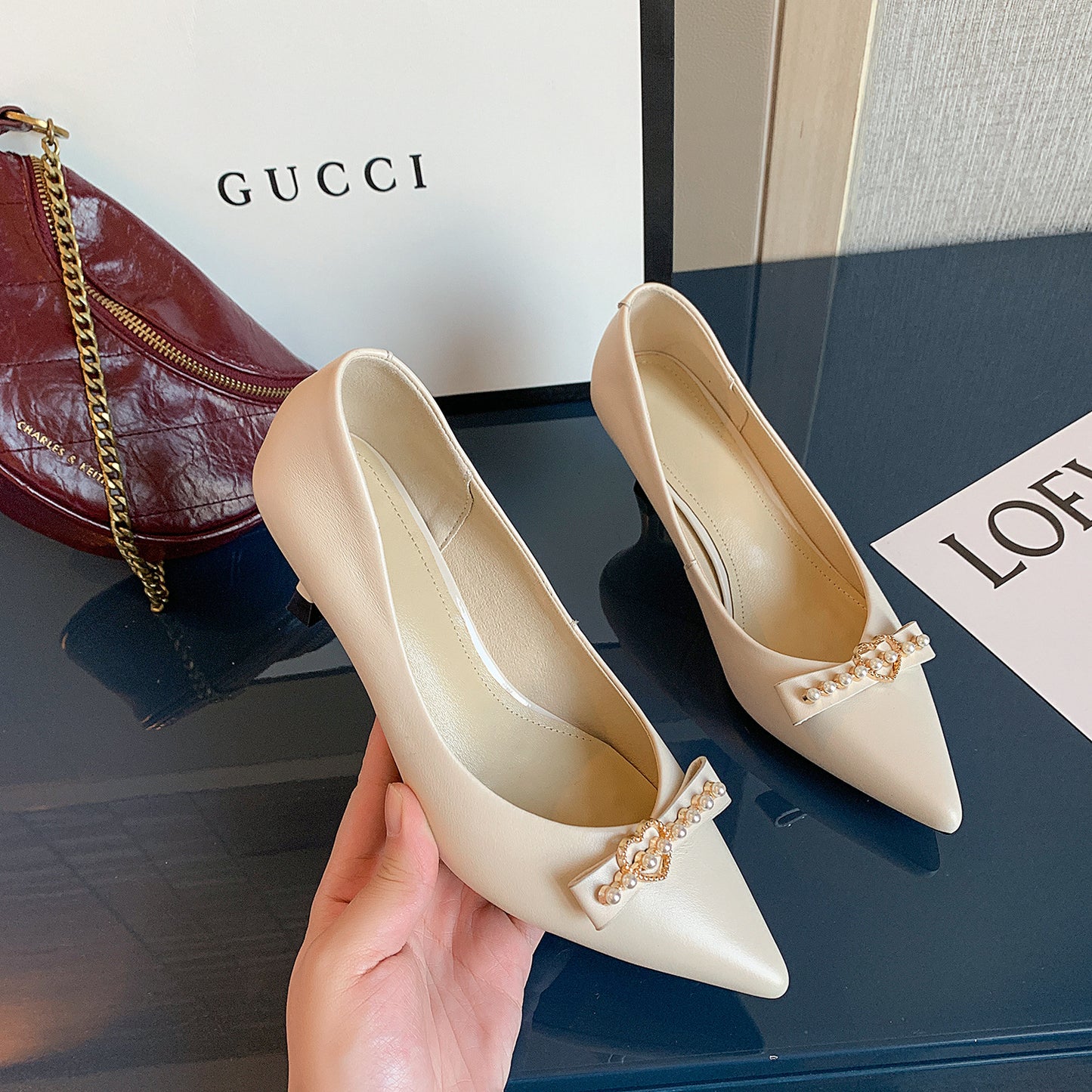 Black Low-top High Heels Cowhide Fashion