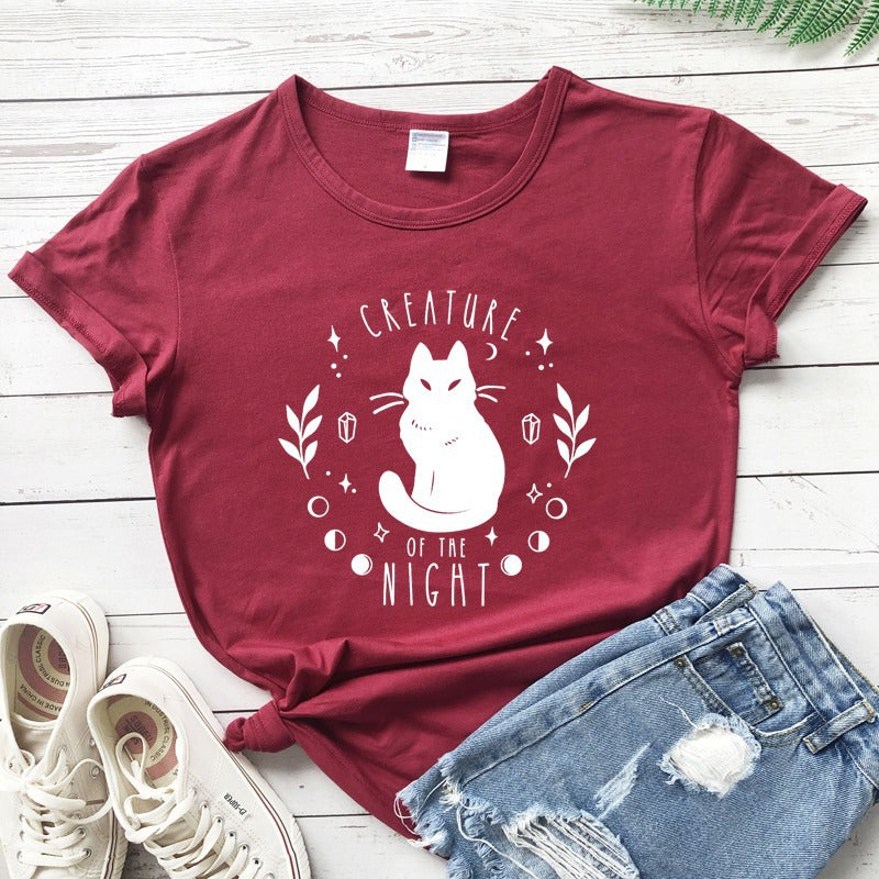 Women's Black Cat Alphabet Print T-Shirt