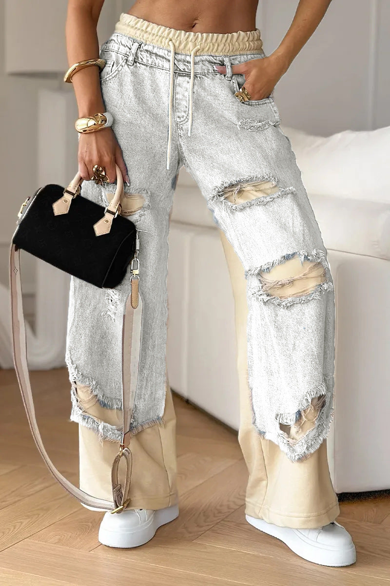 Ripped Double-layer Color Straight Jeans