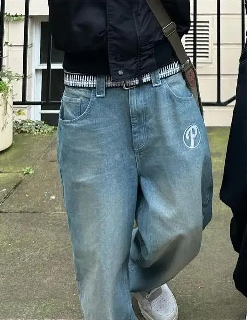 Amerikansk Gade Baggy Afslappet Retro Hip Hop Print Stilfuld Mode Højtaljede Jeans til Mænd