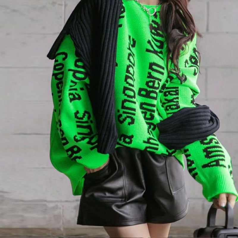 Long Sleeve Letter Crew Neck Loose Sweater Knit Dress