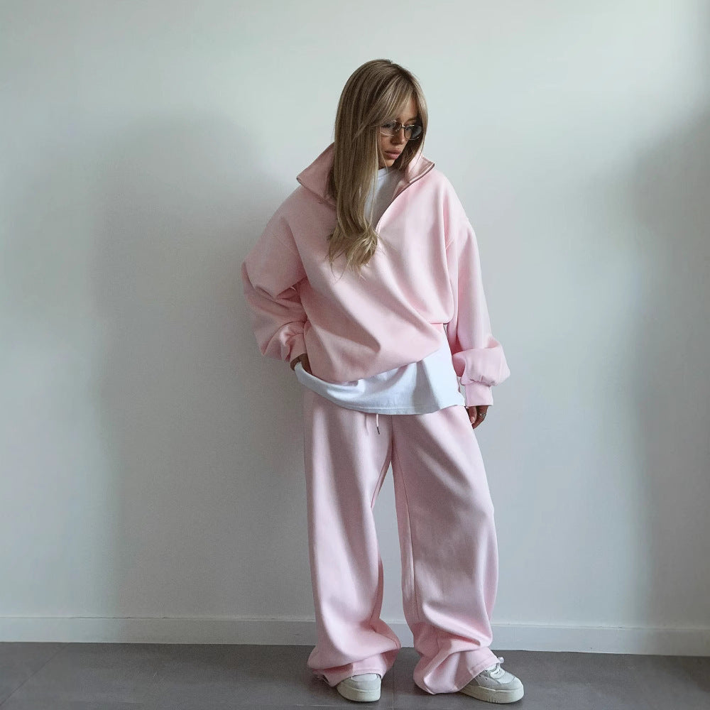 Fashionable Half-Open Collar Long-Sleeve Hoodie And Pants Casual Set