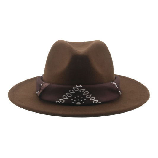 Paisley Ribbon Wide Brim Woolen Top Hat Felt Cowboy Hat