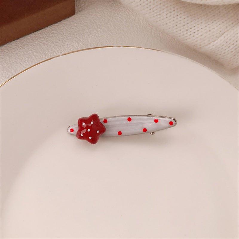 Red Stereo Love Heart-shaped Hairpin French Retro Dots Willow Leaf Clip