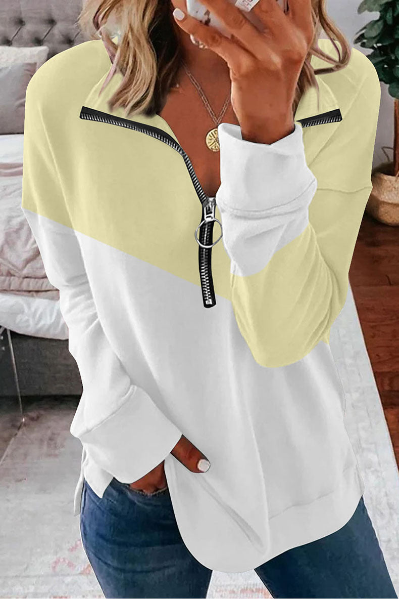 Contrast Color Zip Pullover Sweatshirt Loose Versatile Long Sleeve Top