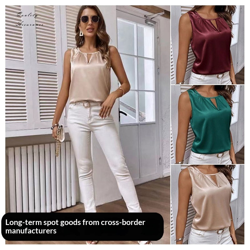 Ruched Satin Sleeveless Top With Cutout Details