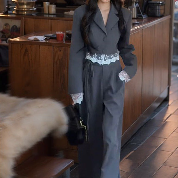 New Stylish Lace-embellished Blazer And Pants Two-piece Set