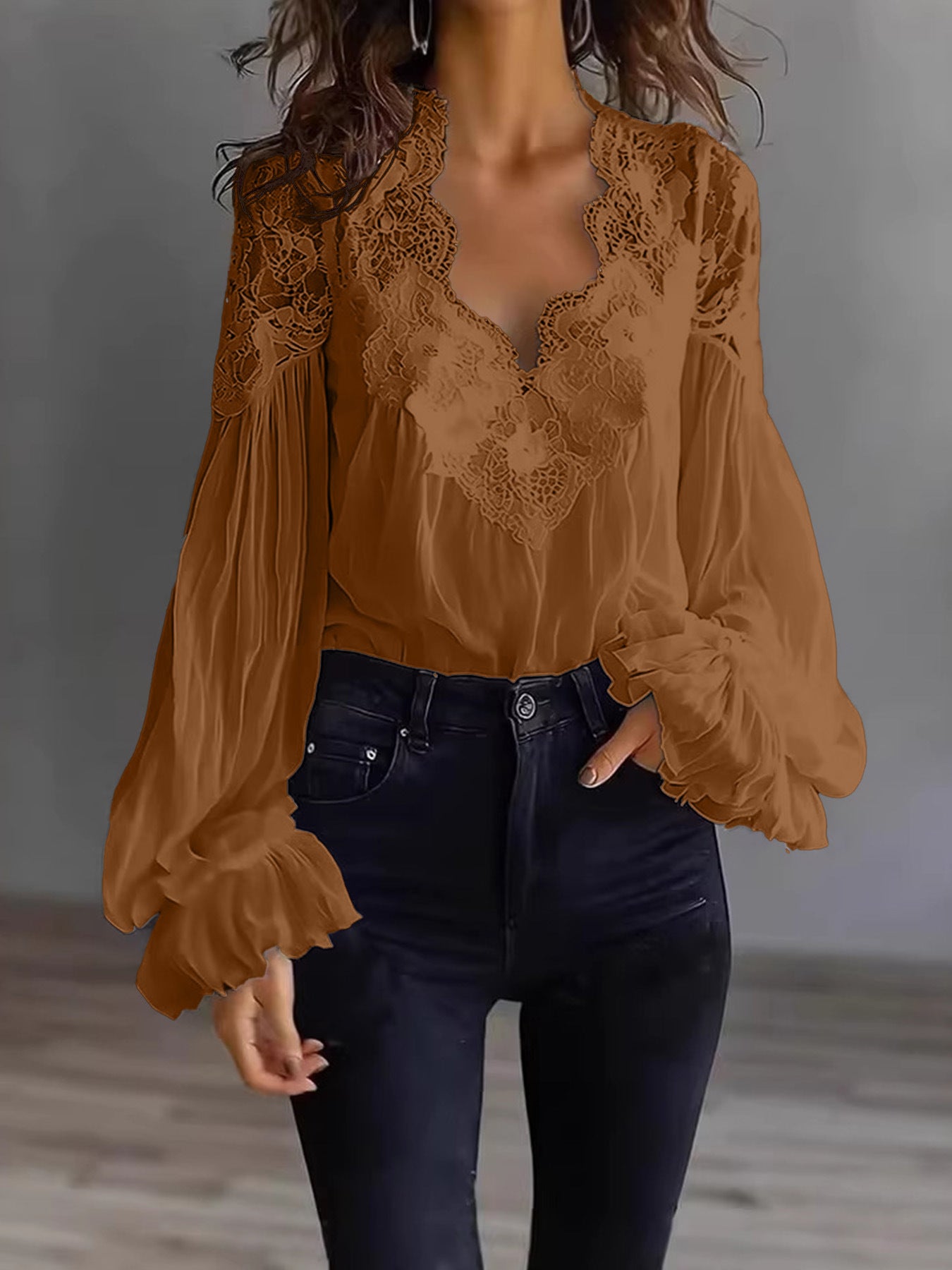 Lace-panelled Ruffled Puff-sleeve Pleated Shirt