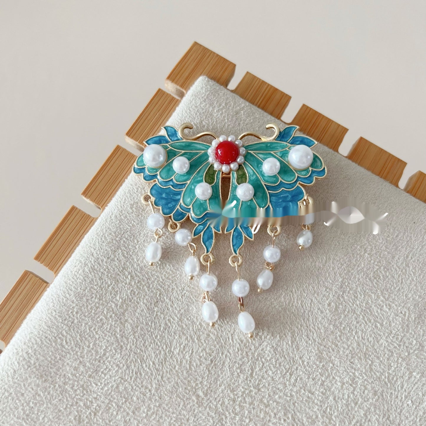 Antique Burning Blue Auspicious Cloud Pearl Butterfly Barrettes Fringed Headwear