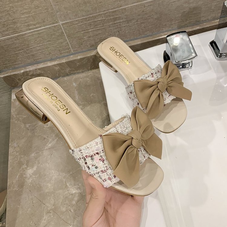 Fish Tip Bow Slippers Ladies' Thick Heel Toe