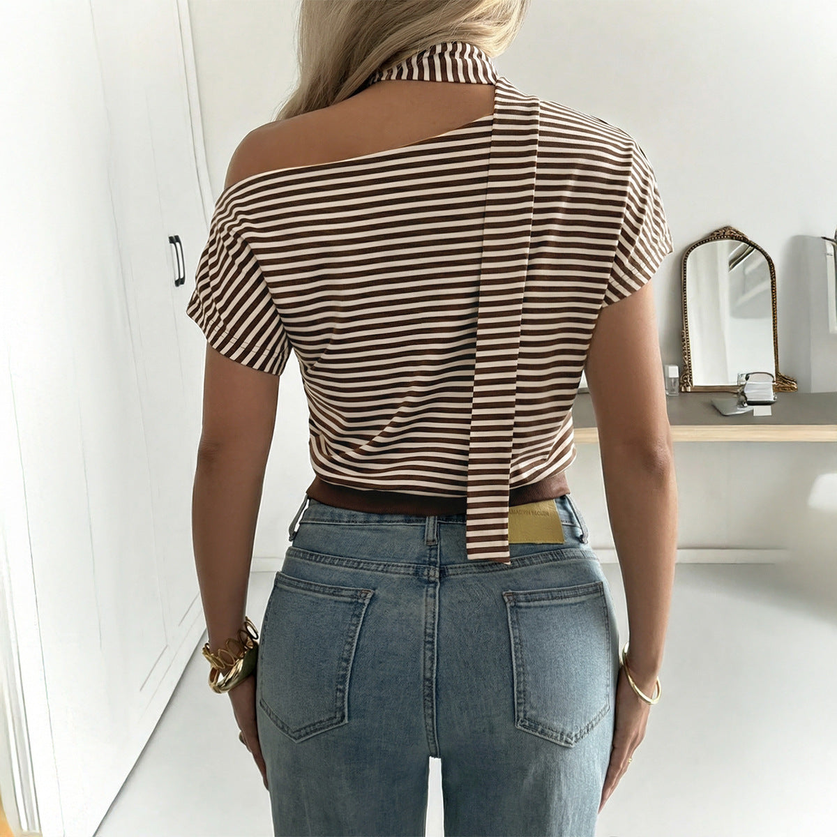 Womens Striped Cold-Shoulder Top With Tie Details And Short Sleeves