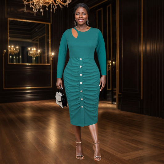 New Womens Hollow-out Neckline Button-up Dress