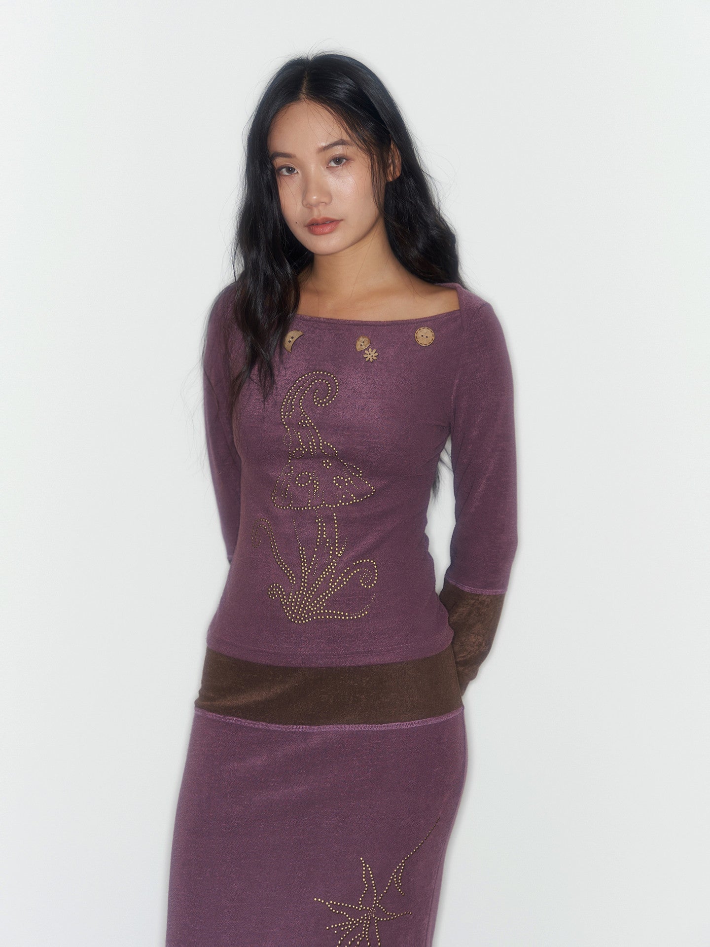 Purple And Coffee-Colored Soft Cozy Towel-Weave Base-Layer Set Dress In A Botanical Style For FallWinter