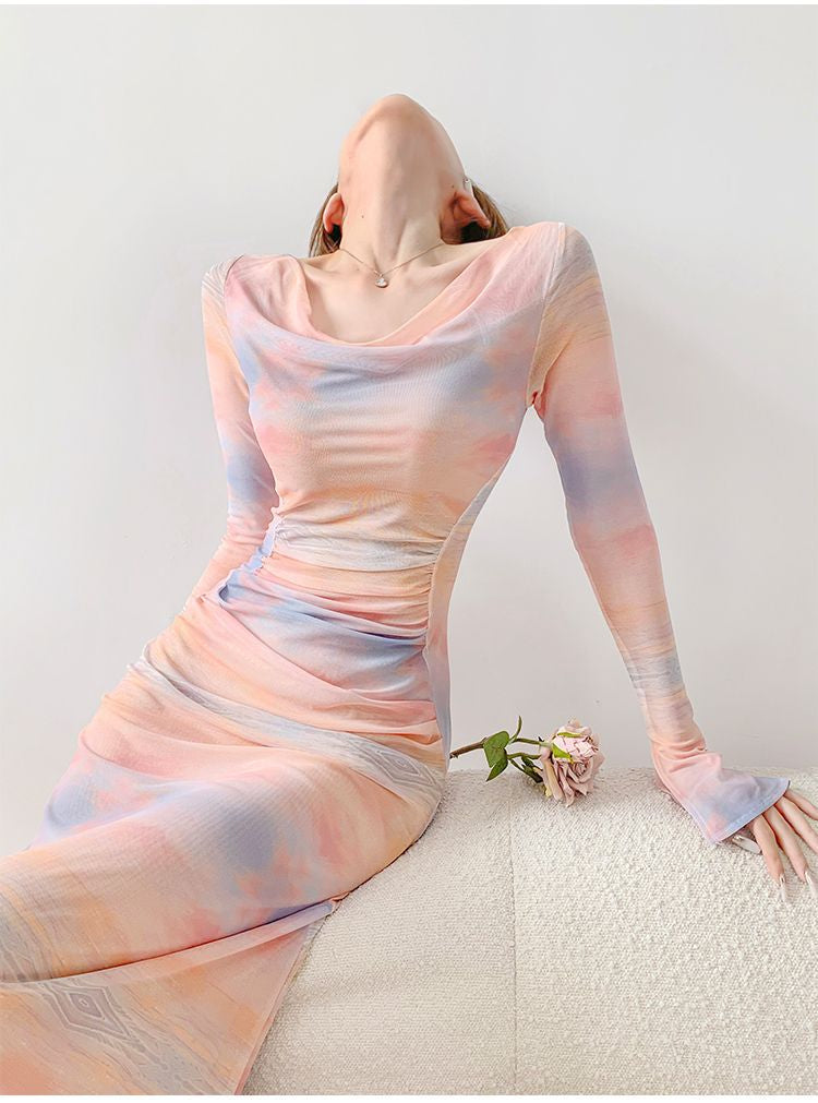 Swan-Neck Sister Mesh Print Boat-Neck Dress
