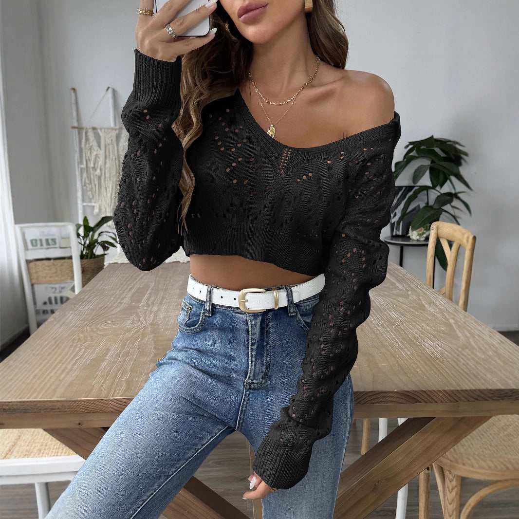 Polo Collar Hollow-out Cropped Pullover Sweater