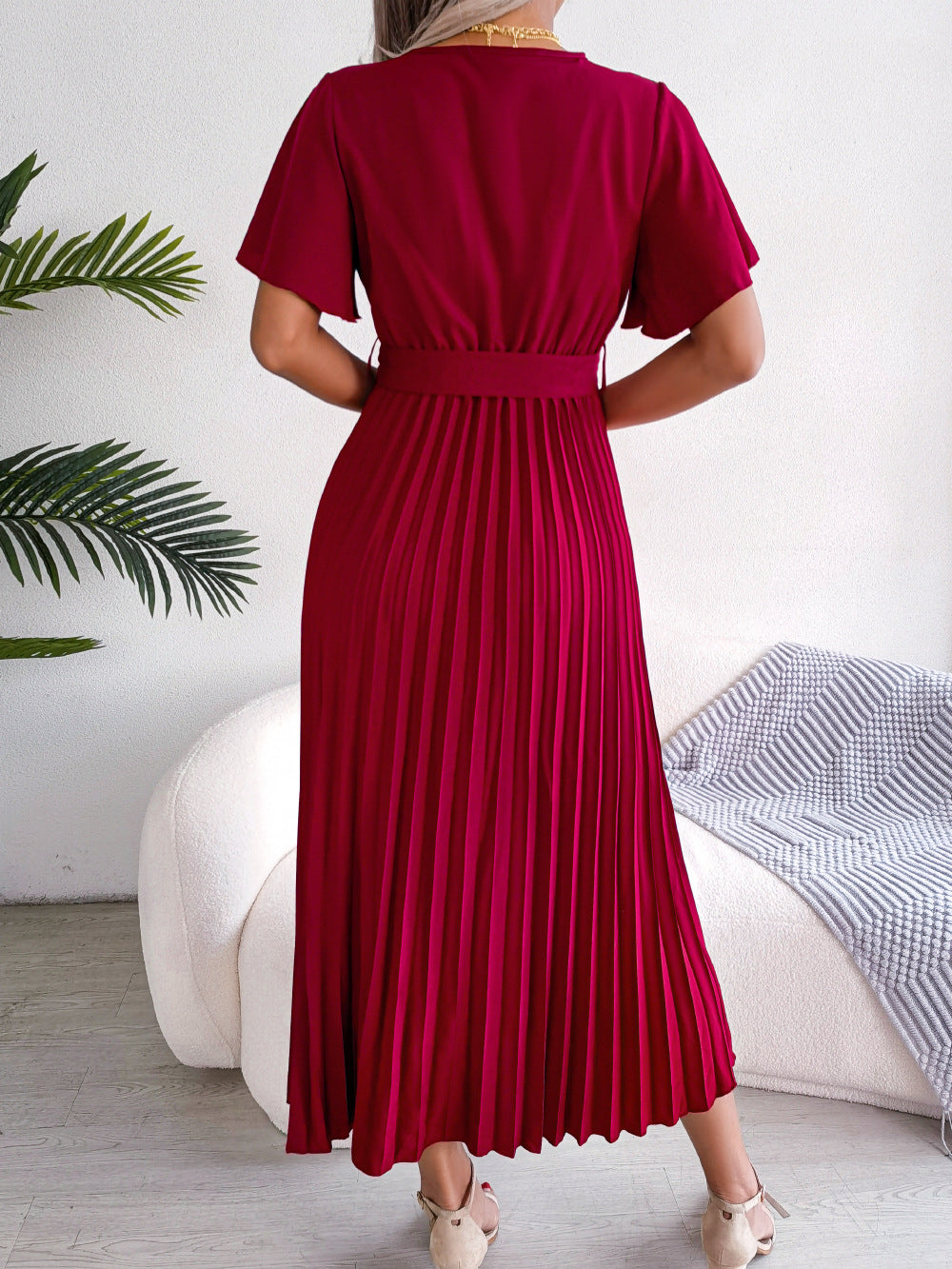 Women   Elegant Cross V Neck Flowy Pleated Maxi Dress