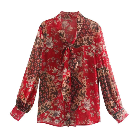 Guldtråd Chiffon Print Skjorte Med Sløjfe