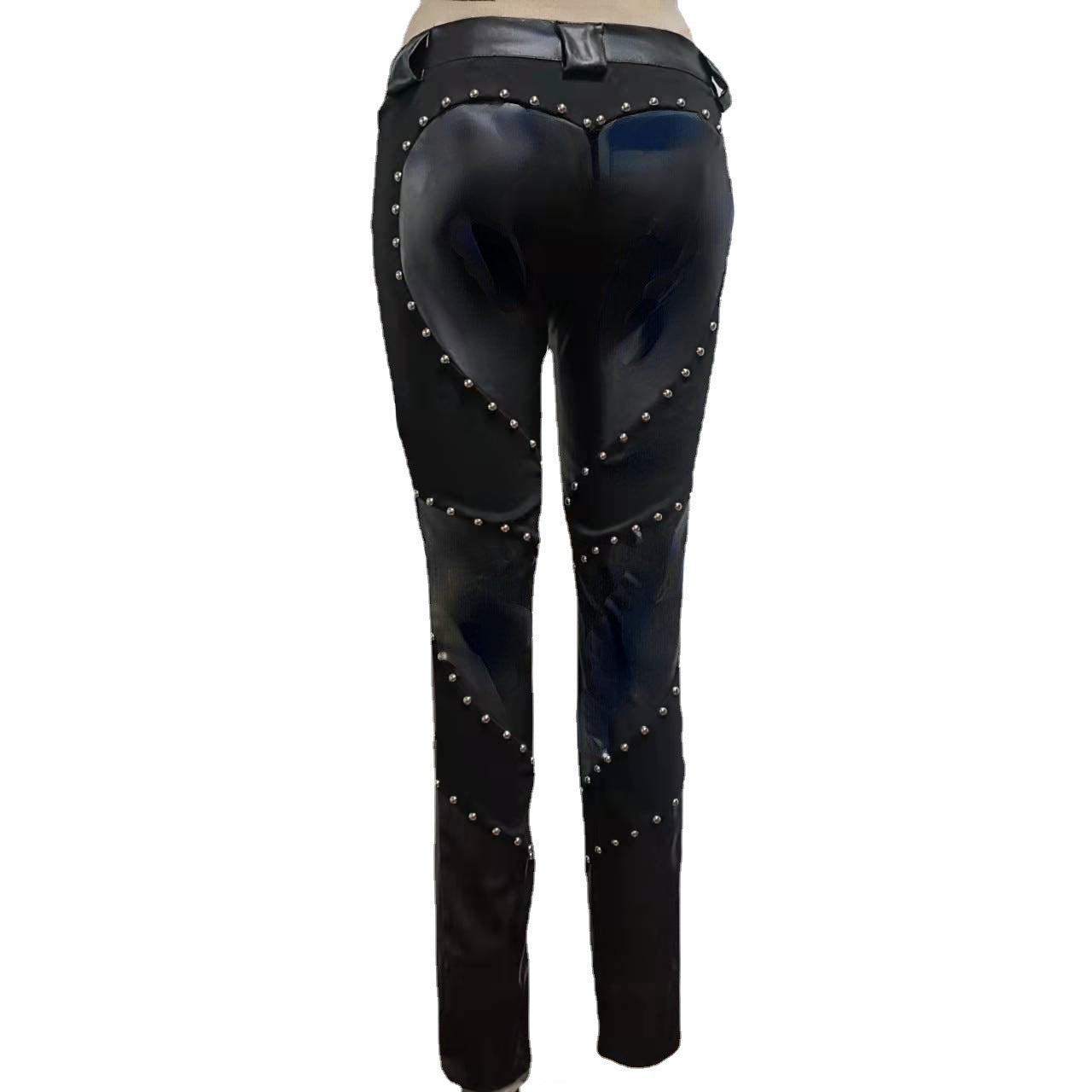 New Women's Riveted PU Leather Pants Solid Casual