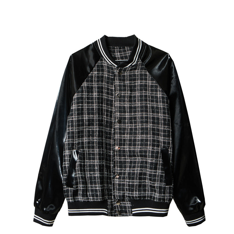 Loose Plus Size Leather Plaid Baseball Jacket
