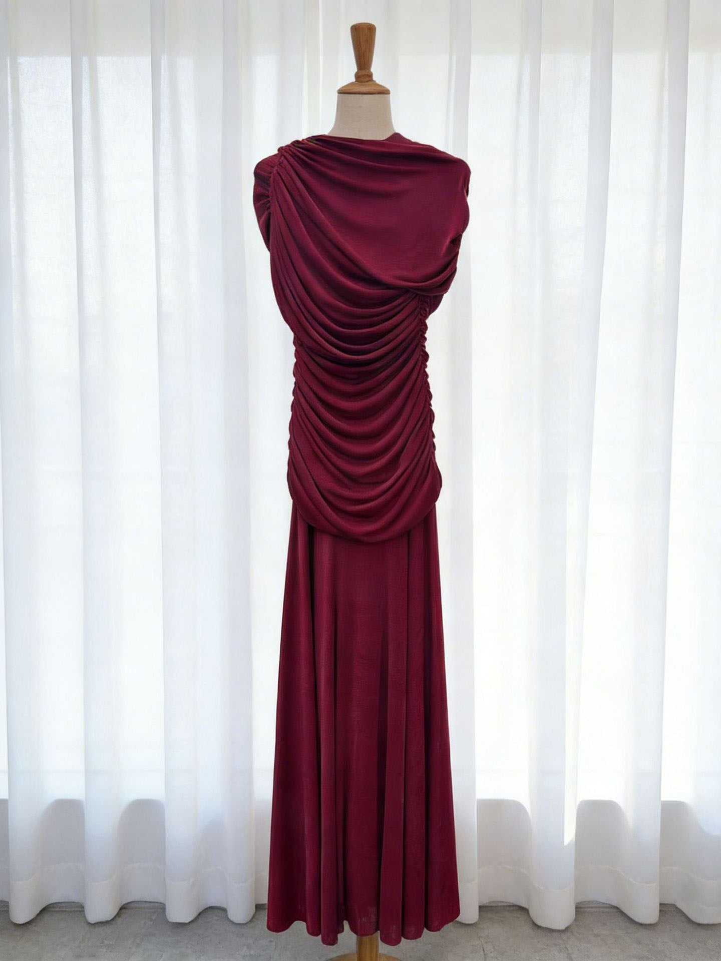 Sleeveless Turtleneck Dress With Gathered Waist