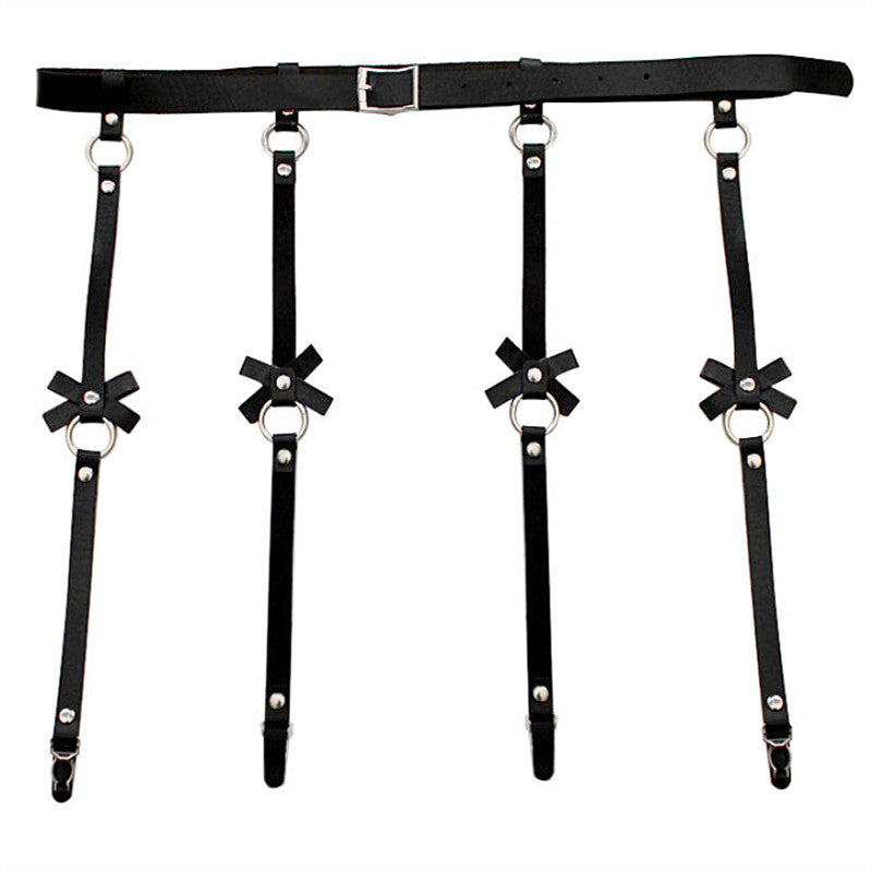 Cross border hot selling personality exaggeration European and American PU leather bow Garter Belt Hip Hop nightclub sexy leg ring hanger clip