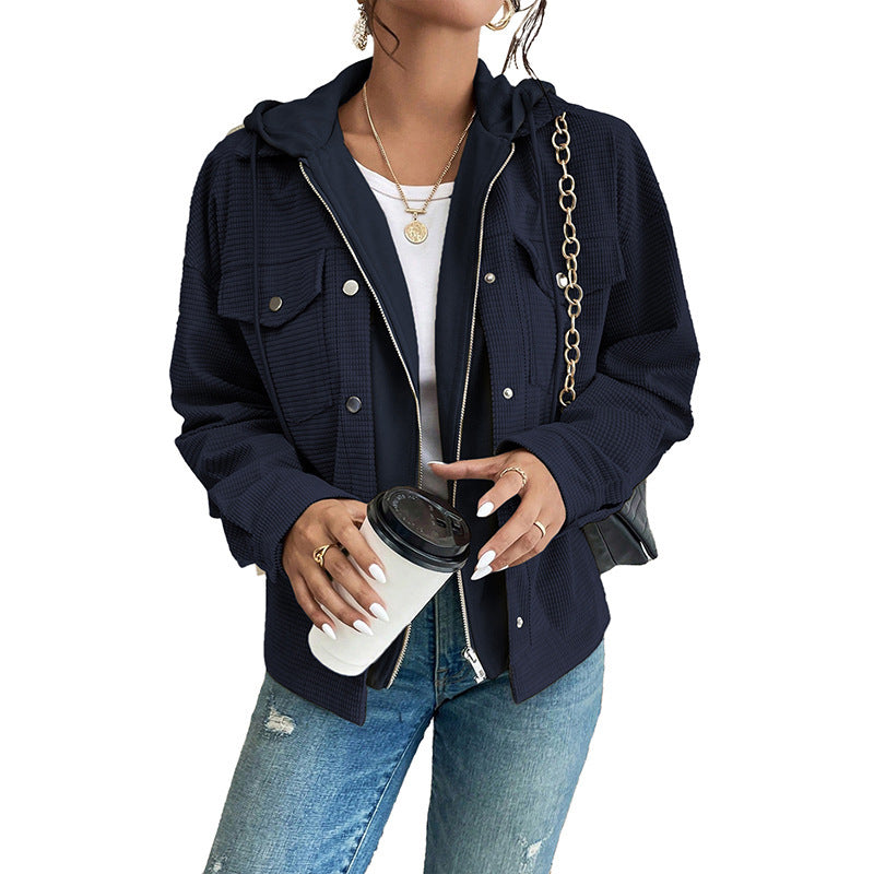 Women's Solid Color Minimalist Texture Hooded Jacket