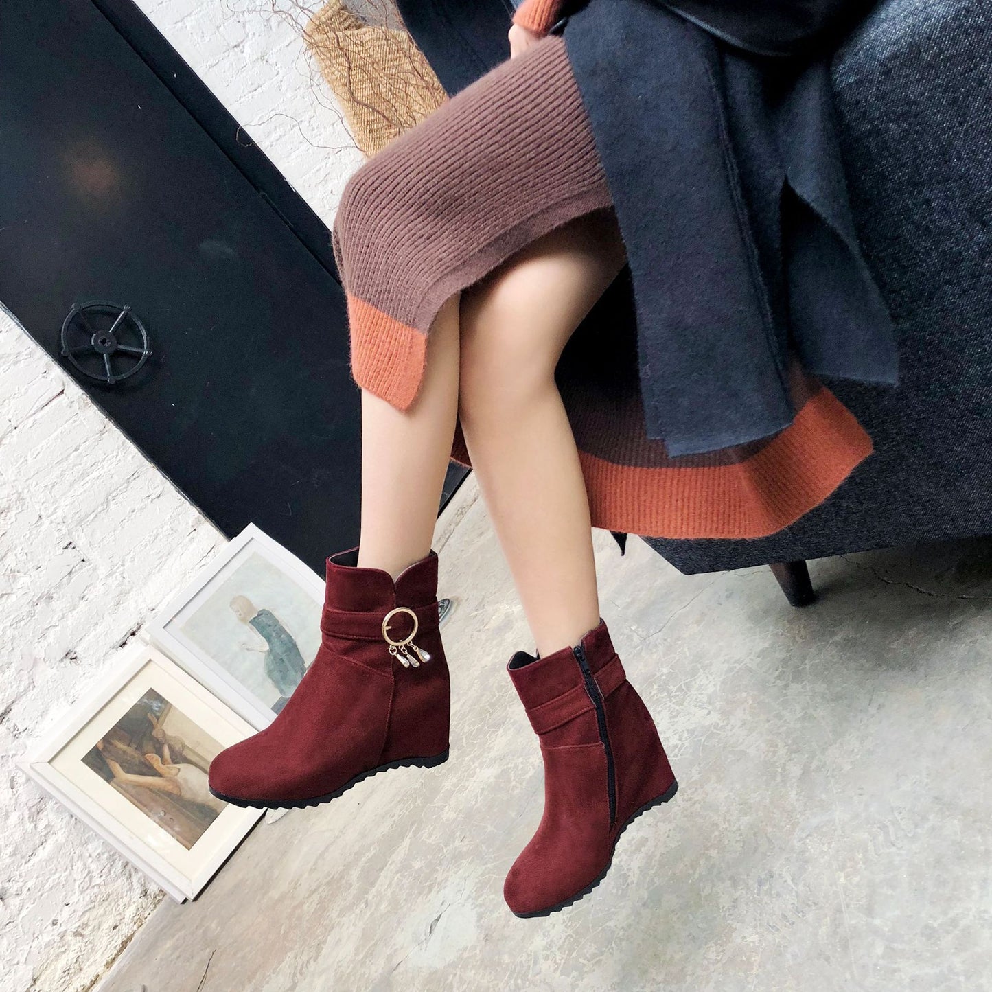 Fringed Round Toe Wedge Heel Winter Ladies Short Boots