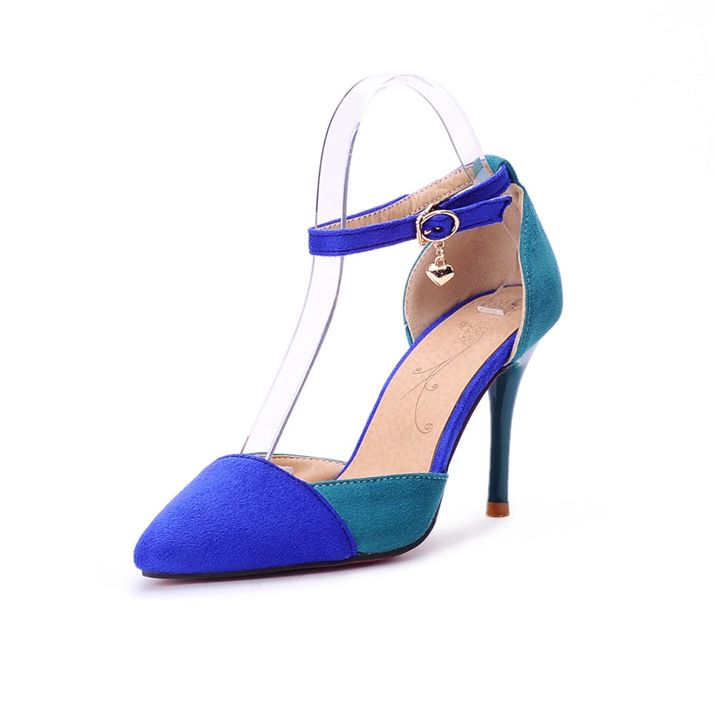 Pointed Suede Color Matching European And American Style Buckle Strap Stiletto Sexy Ladies Sandals