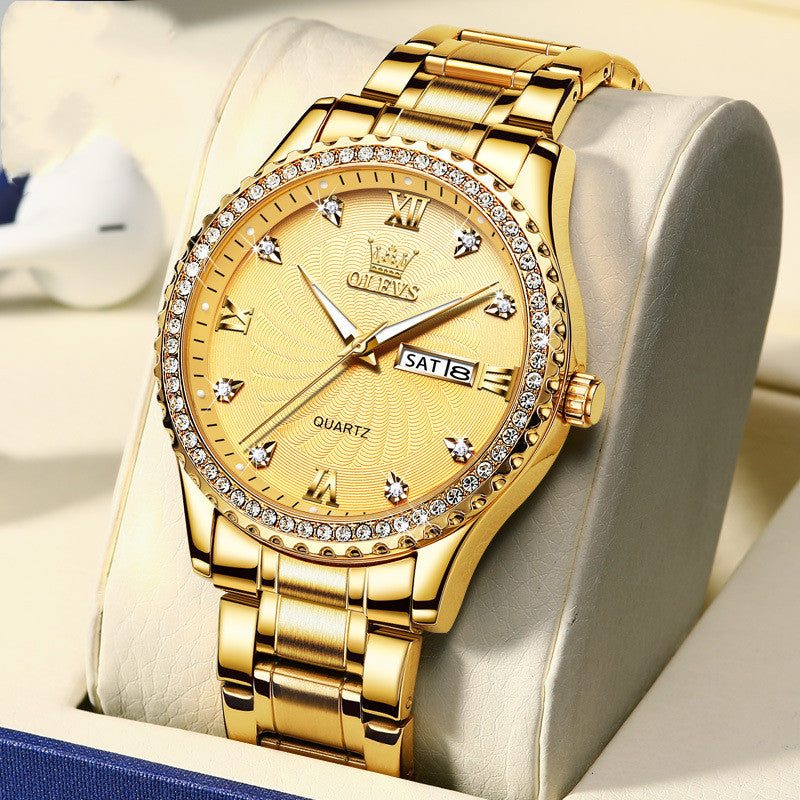 Diamond Set Stainless Steel Business Watch Waterproof Date Day