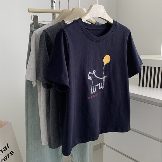 Women's Loose-fitting Casual Round-neck Short-sleeved Balloon Puppy T-shirt